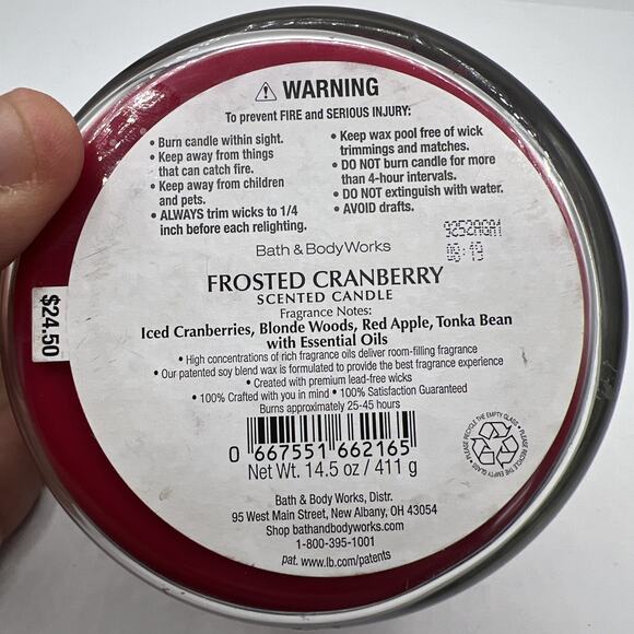 Bath & Body Works FROSTED CRANBERRY 3 Wick 14.5oz Scented Candle Glass Jar w/Lid - Picture 4 of 5